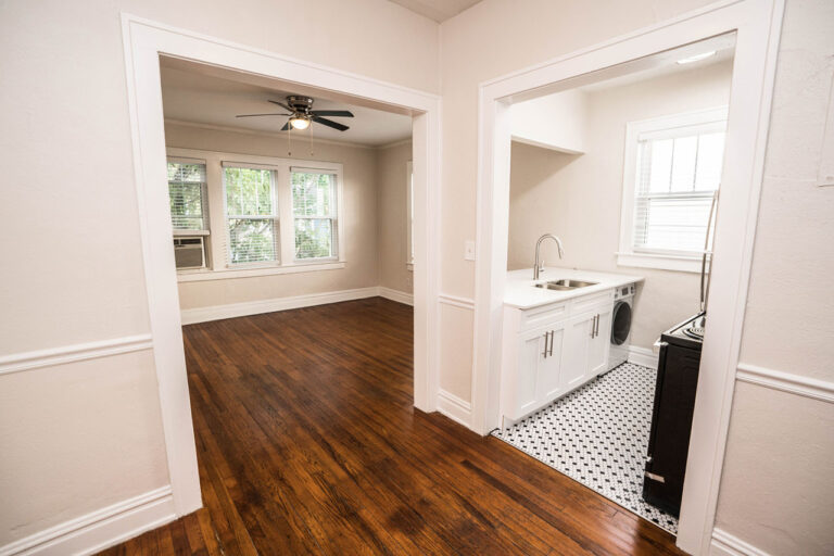 Kansas Flats interior apartment kitchen and living area